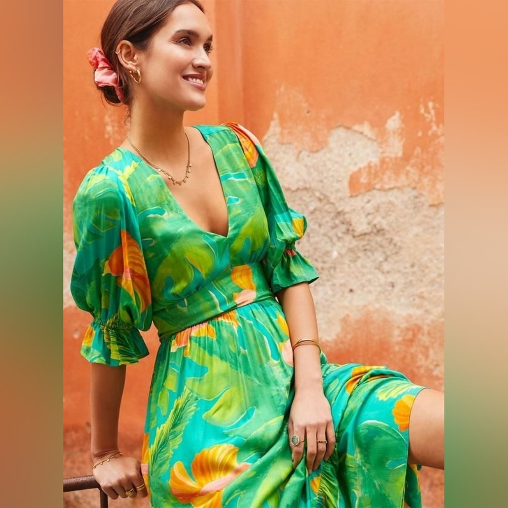 Soi Paris Green Tropical Rio Floral Jungle Maxi Dress Sz 38 Medium - Picture 3 of 8